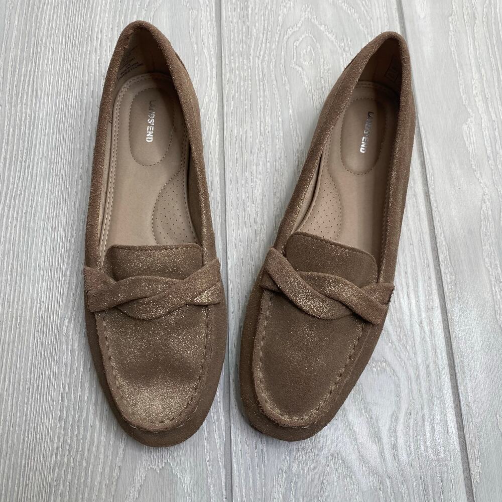 Lands End Women's Gold Metallic Comfort Suede Penny Loafer Size 8.5 B